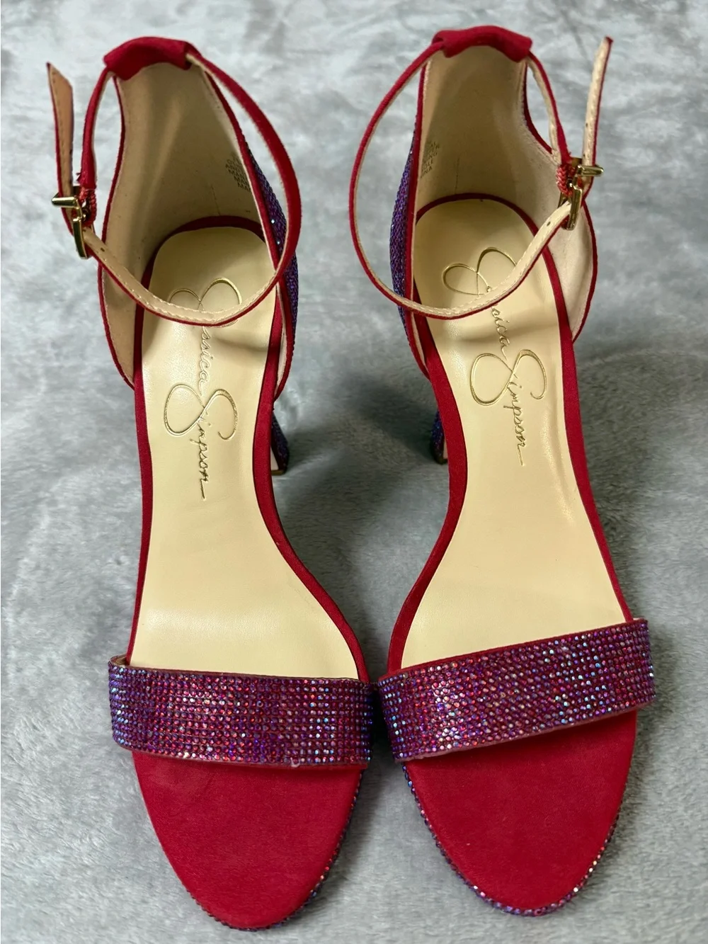 Jessica Simpson Red Suede Ankle-Strap Heels with Crystal Toe Band